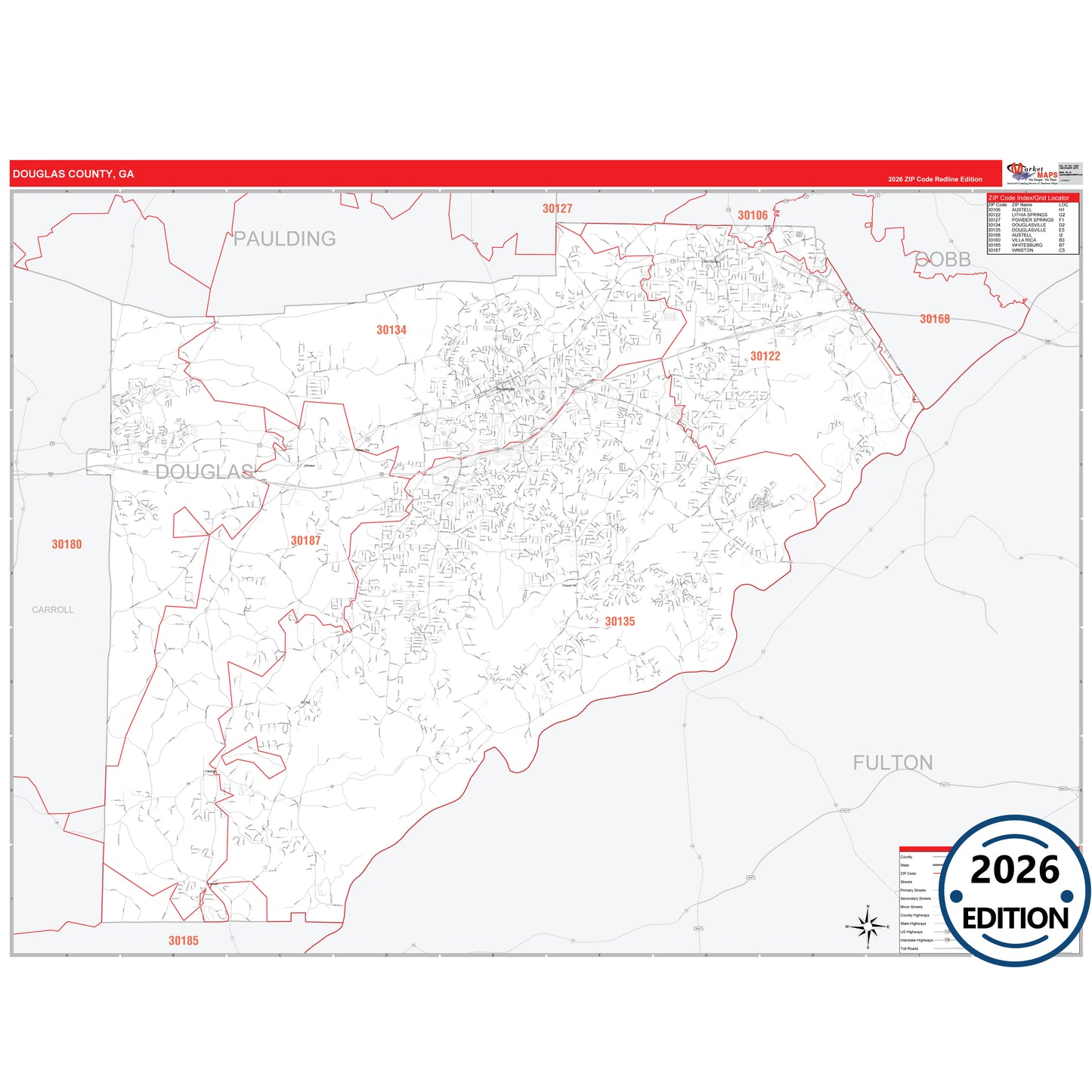 Douglas County, GA Red Line 5 Digit ZIP Code Wall Map