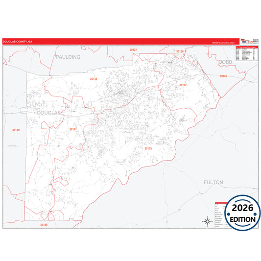 Douglas County, GA Red Line 5 Digit ZIP Code Wall Map