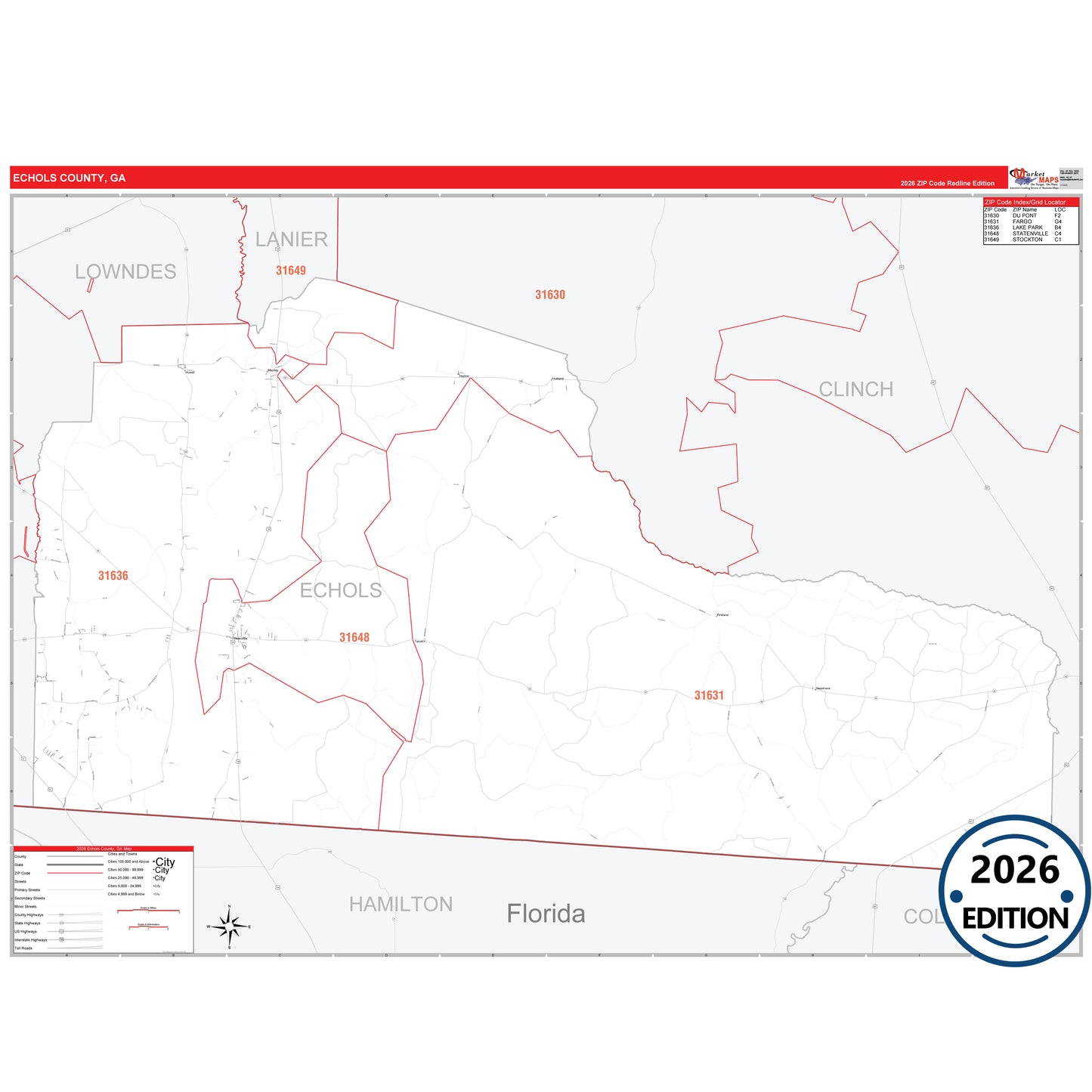 Echols County, GA Red Line 5 Digit ZIP Code Wall Map
