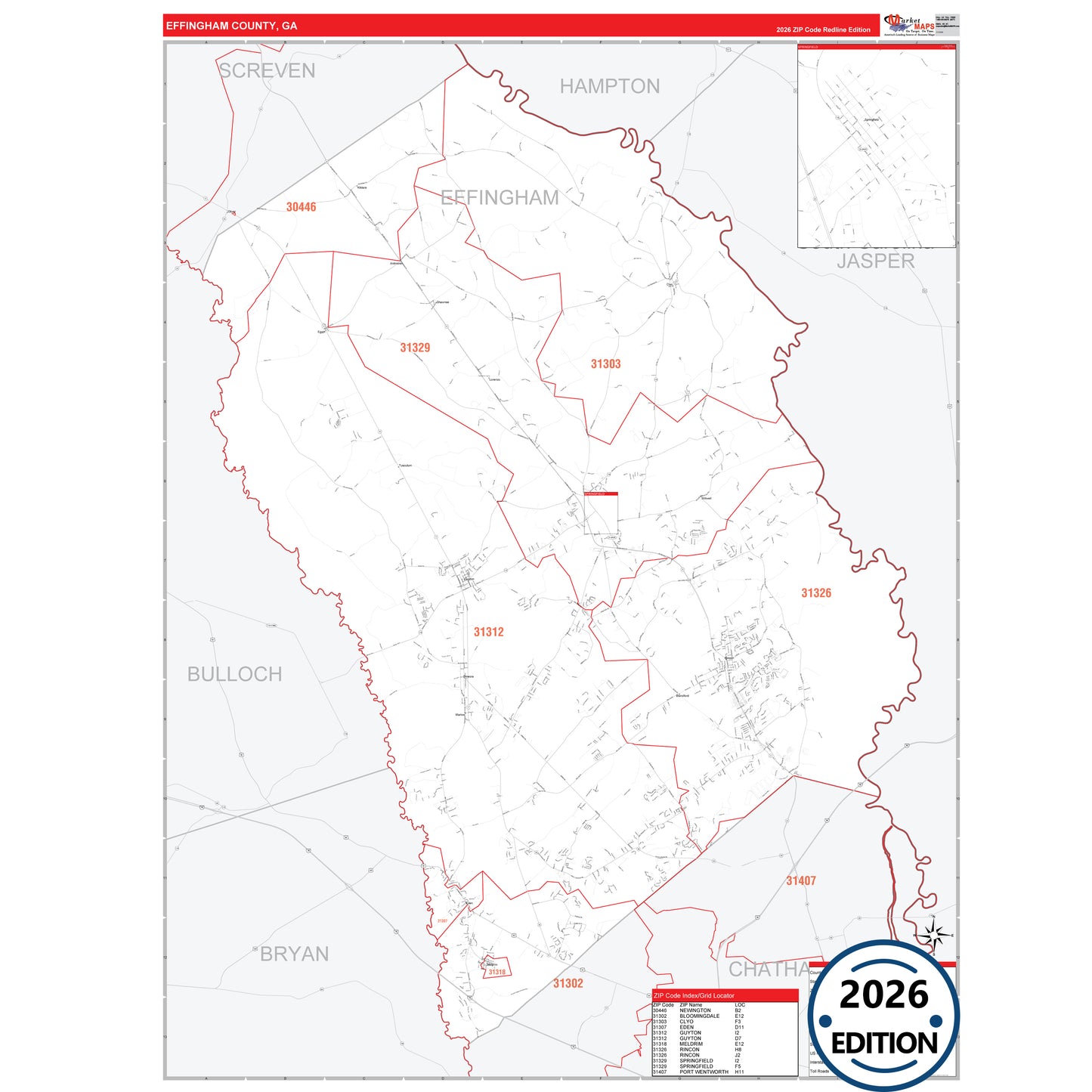 Effingham County, GA Red Line 5 Digit ZIP Code Wall Map