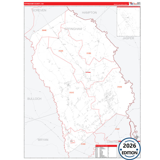 Effingham County, GA Red Line 5 Digit ZIP Code Wall Map
