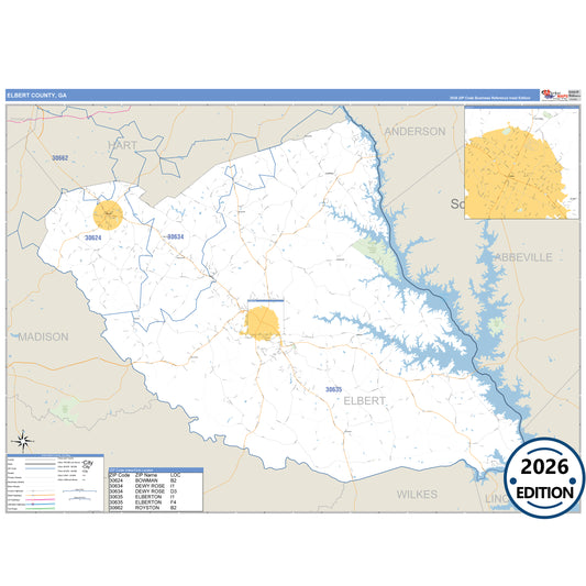Elbert County, GA Business Reference 5 Digit ZIP Code Wall Map