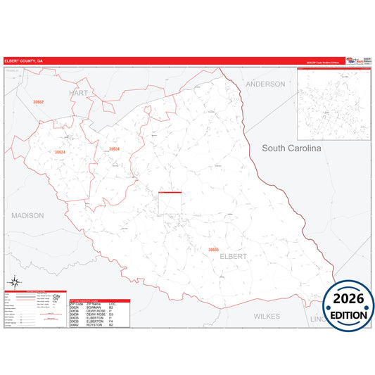 Elbert County, GA Red Line 5 Digit ZIP Code Wall Map