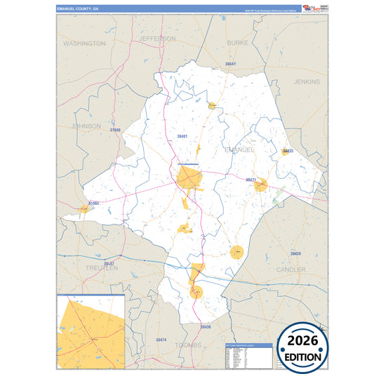 Emanuel County, GA Business Reference 5 Digit ZIP Code Wall Map