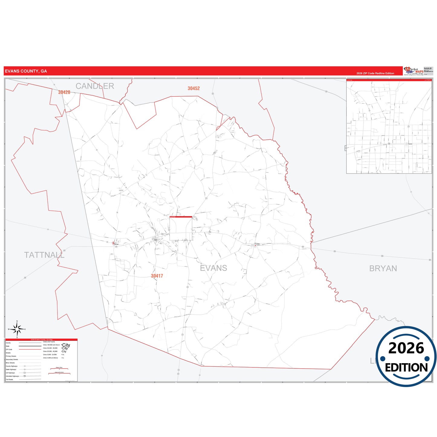 Evans County, GA Red Line 5 Digit ZIP Code Wall Map