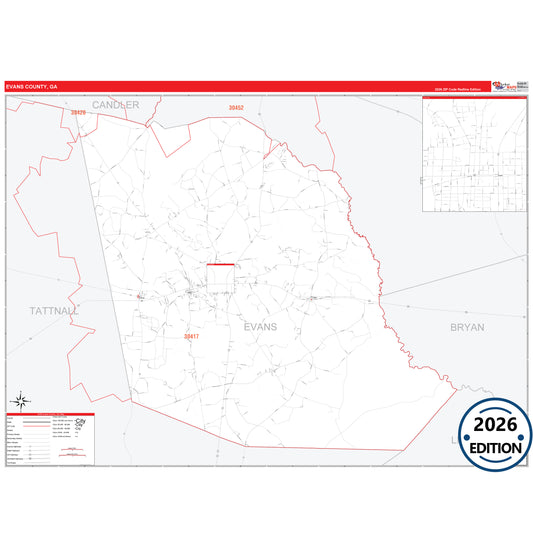Evans County, GA Red Line 5 Digit ZIP Code Wall Map