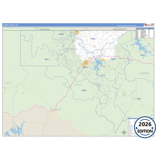 Fannin County, GA Business Reference 5 Digit ZIP Code Wall Map