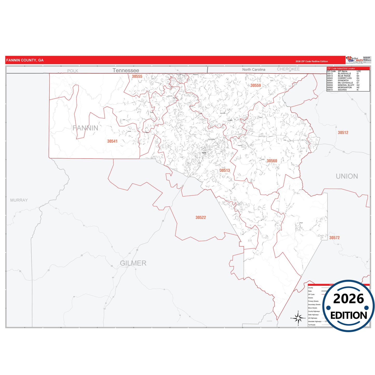 Fannin County, GA Red Line 5 Digit ZIP Code Wall Map