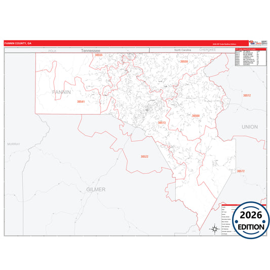 Fannin County, GA Red Line 5 Digit ZIP Code Wall Map