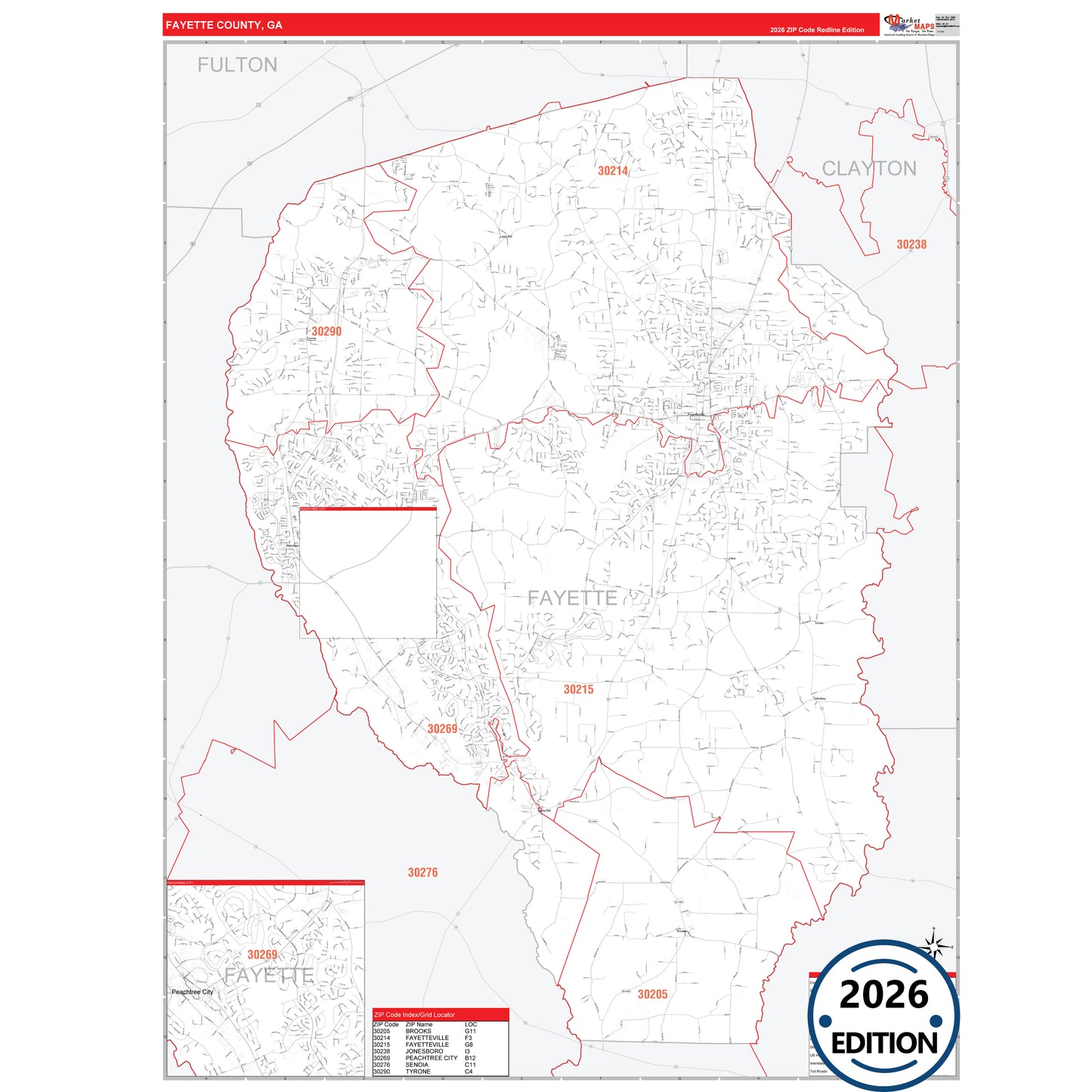 Fayette County, GA Red Line 5 Digit ZIP Code Wall Map