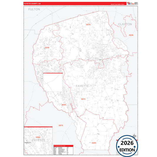 Fayette County, GA Red Line 5 Digit ZIP Code Wall Map