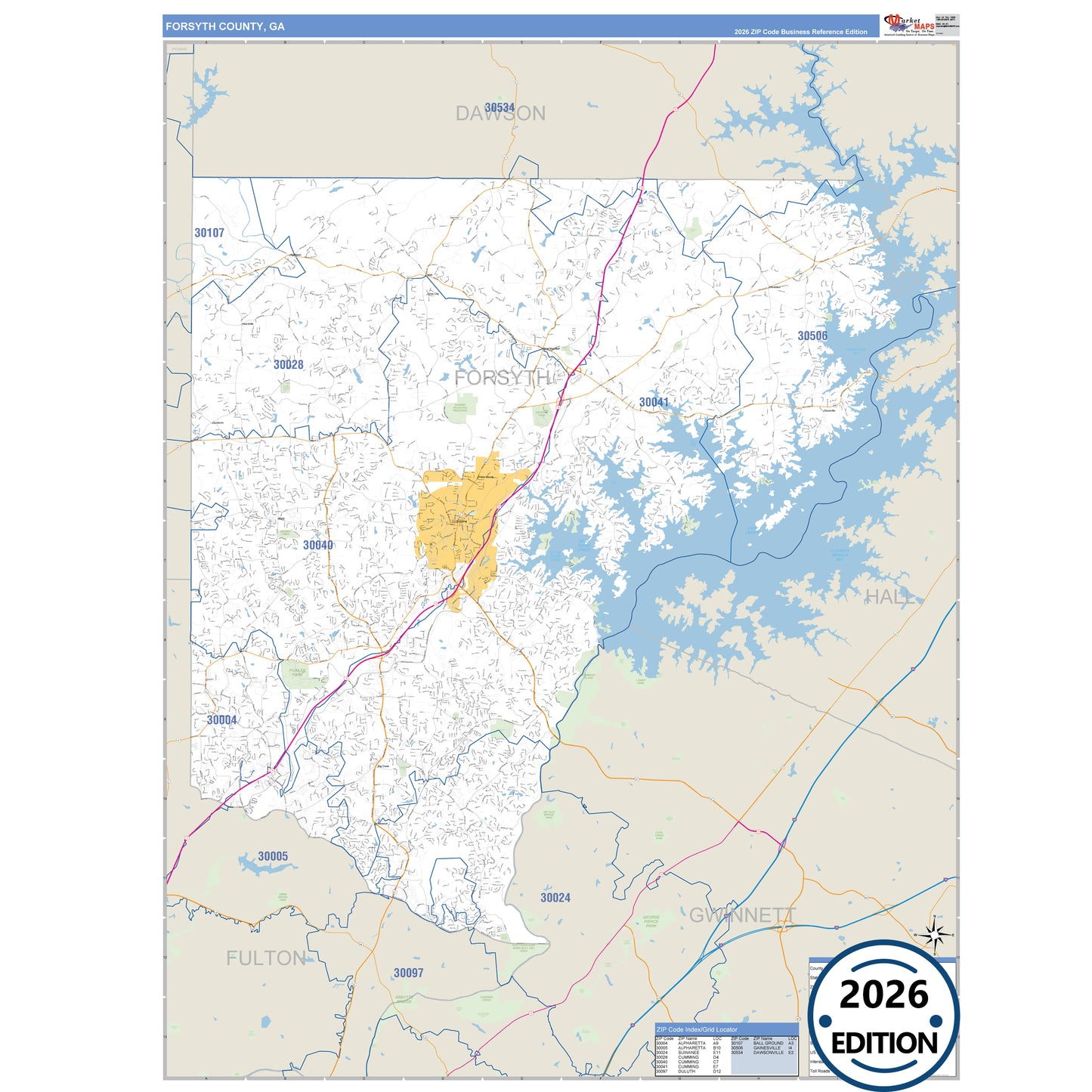 Forsyth County, GA Business Reference 5 Digit ZIP Code Wall Map