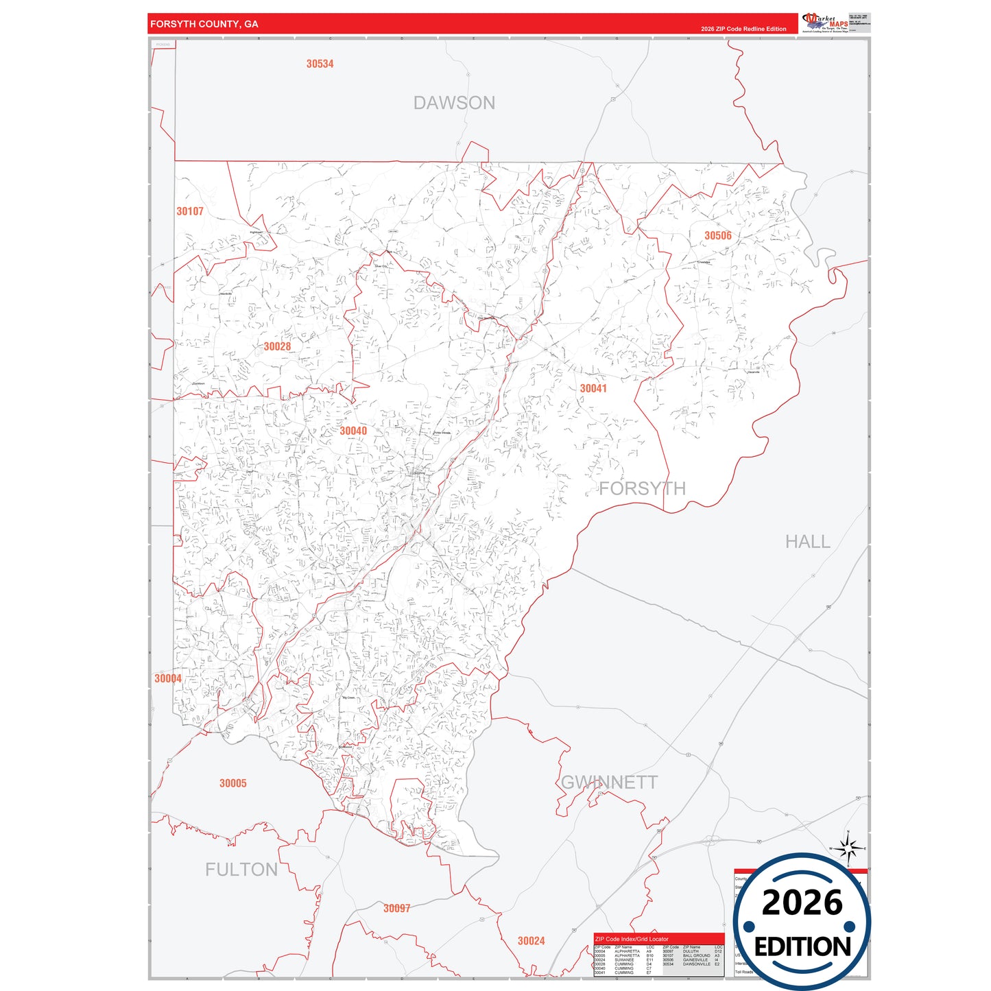 Forsyth County, GA Red Line 5 Digit ZIP Code Wall Map