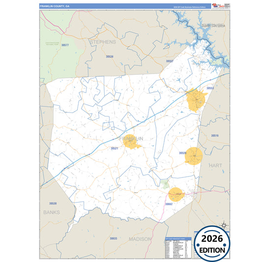Franklin County, GA Business Reference 5 Digit ZIP Code Wall Map