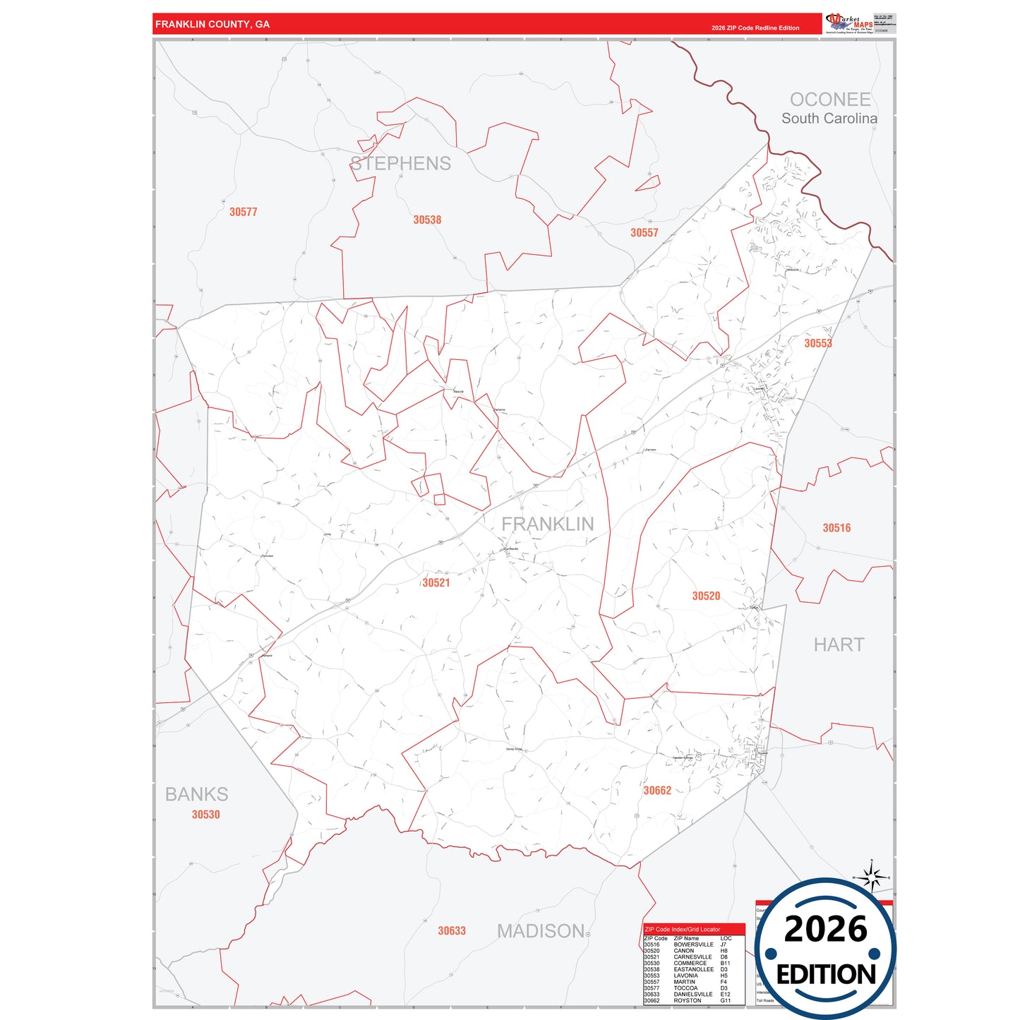 Franklin County, GA Red Line 5 Digit ZIP Code Wall Map
