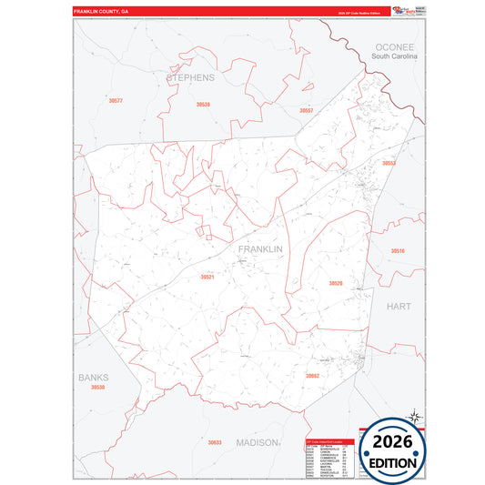 Franklin County, GA Red Line 5 Digit ZIP Code Wall Map