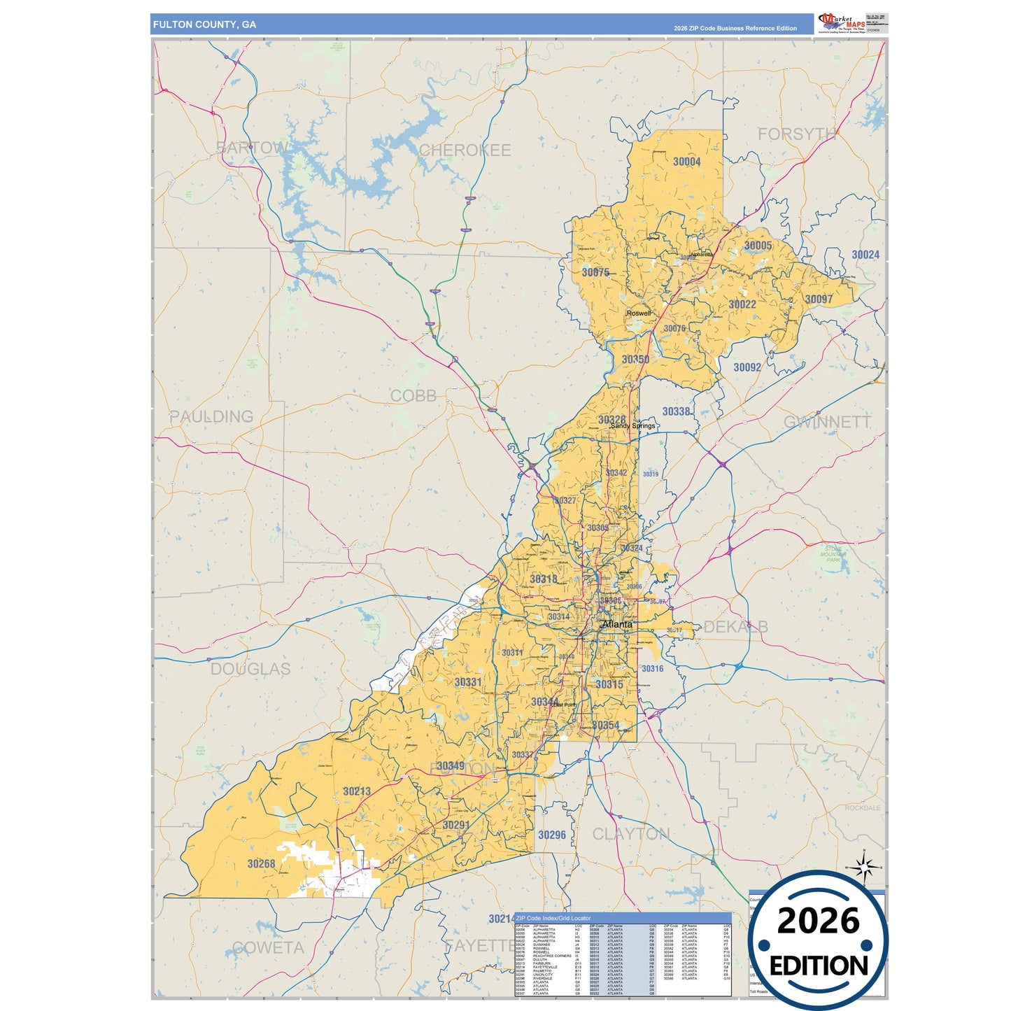 Fulton County, GA Business Reference 5 Digit ZIP Code Wall Map
