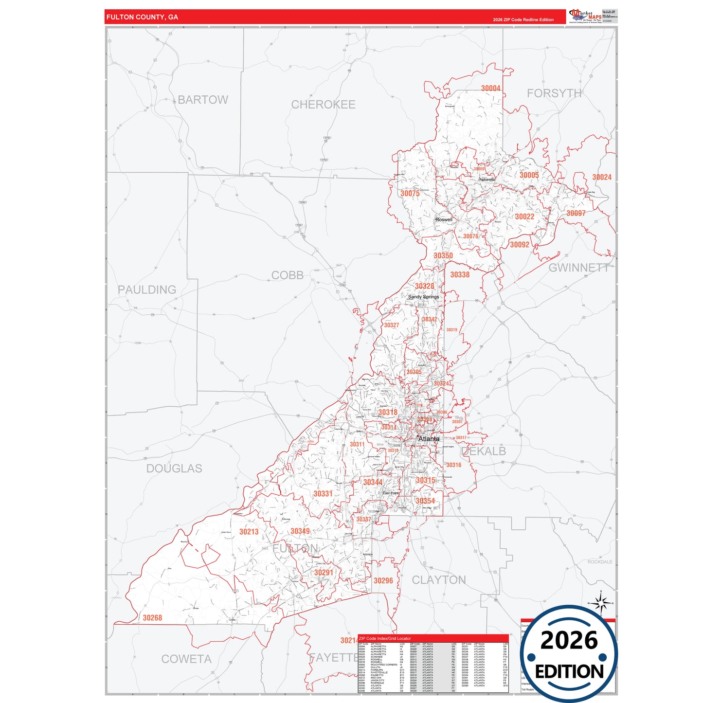 Fulton County, GA Red Line 5 Digit ZIP Code Wall Map
