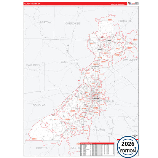 Fulton County, GA Red Line 5 Digit ZIP Code Wall Map
