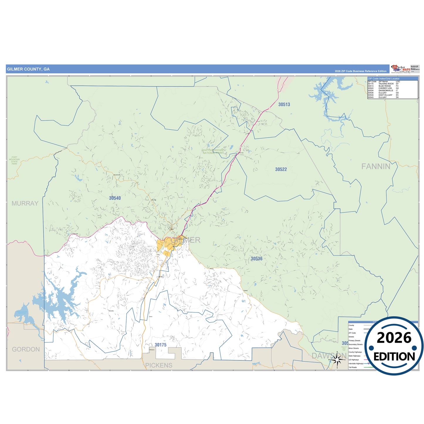 Gilmer County, GA Business Reference 5 Digit ZIP Code Wall Map