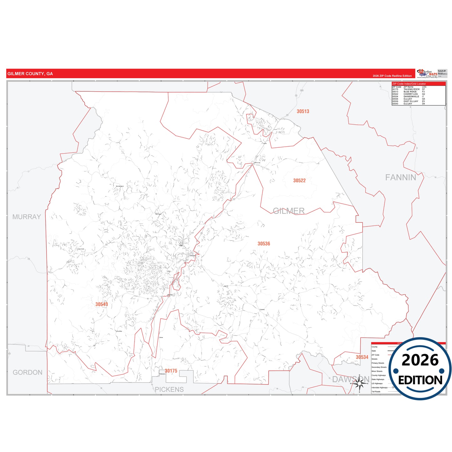 Gilmer County, GA Red Line 5 Digit ZIP Code Wall Map