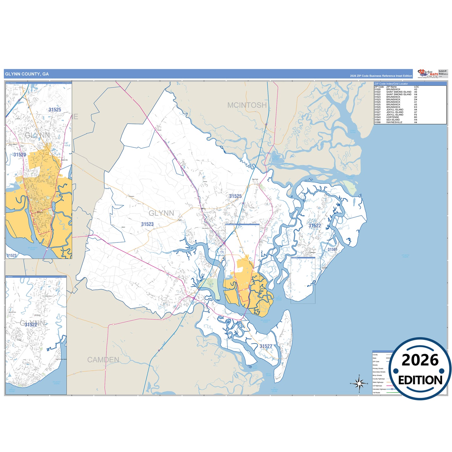 Glynn County, GA Business Reference 5 Digit ZIP Code Wall Map