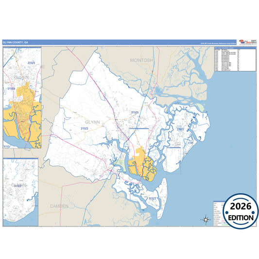 Glynn County, GA Business Reference 5 Digit ZIP Code Wall Map