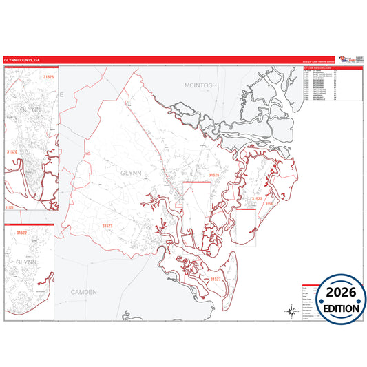 Glynn County, GA Red Line 5 Digit ZIP Code Wall Map