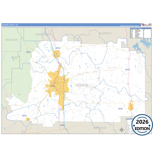 Gordon County, GA Business Reference 5 Digit ZIP Code Wall Map