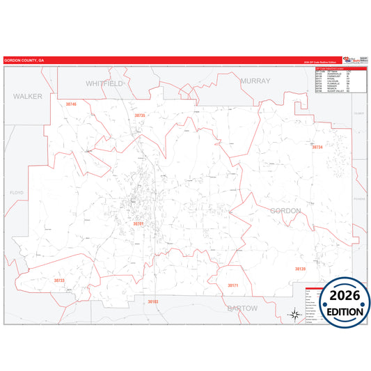 Gordon County, GA Red Line 5 Digit ZIP Code Wall Map