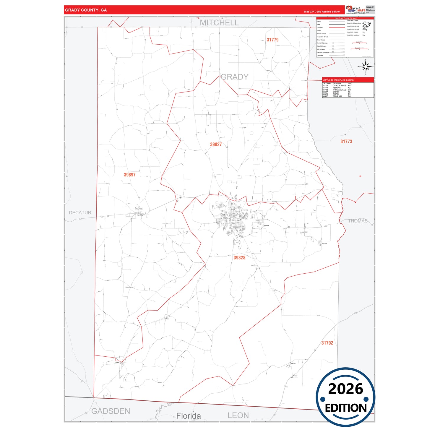 Grady County, GA Red Line 5 Digit ZIP Code Wall Map