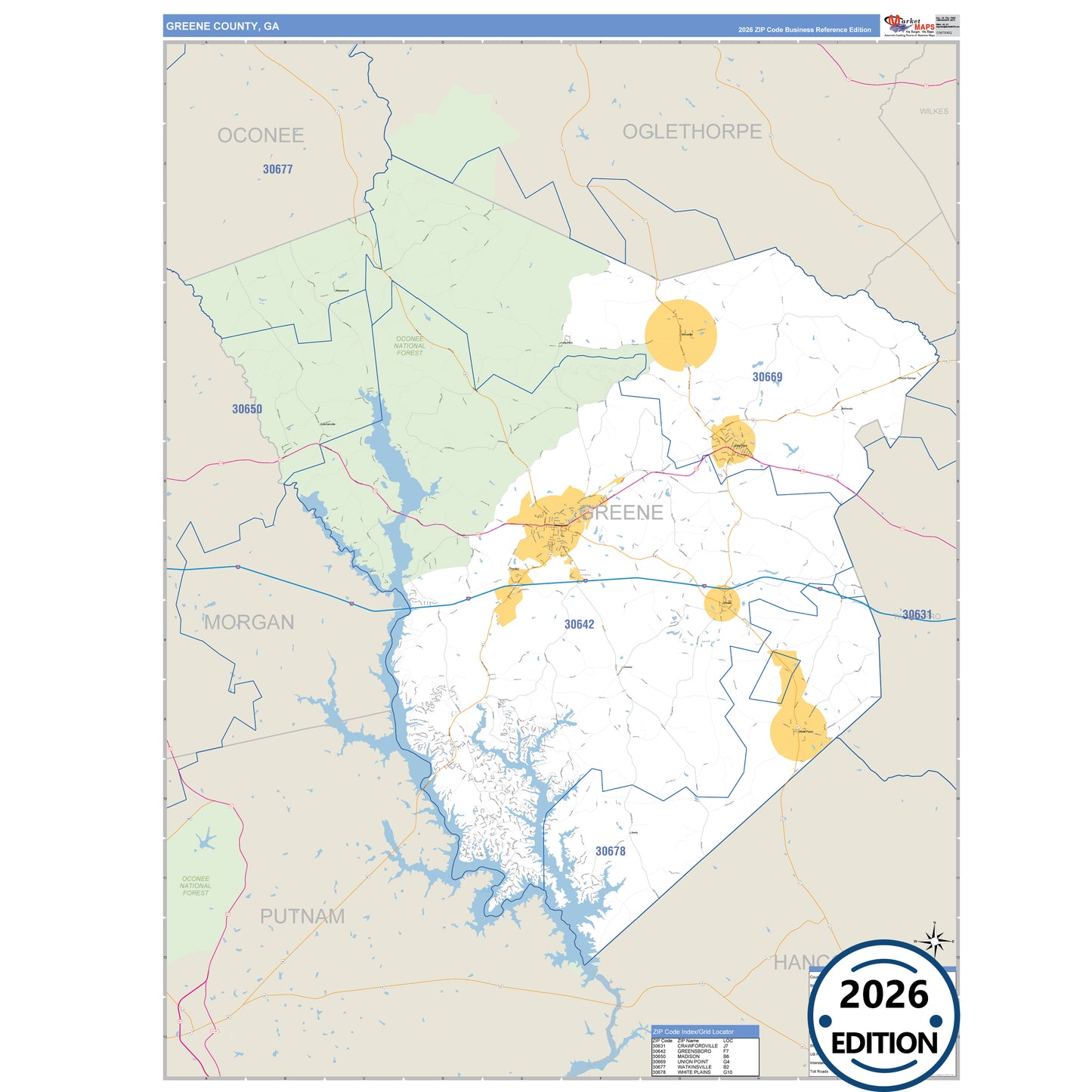 Greene County, GA Business Reference 5 Digit ZIP Code Wall Map