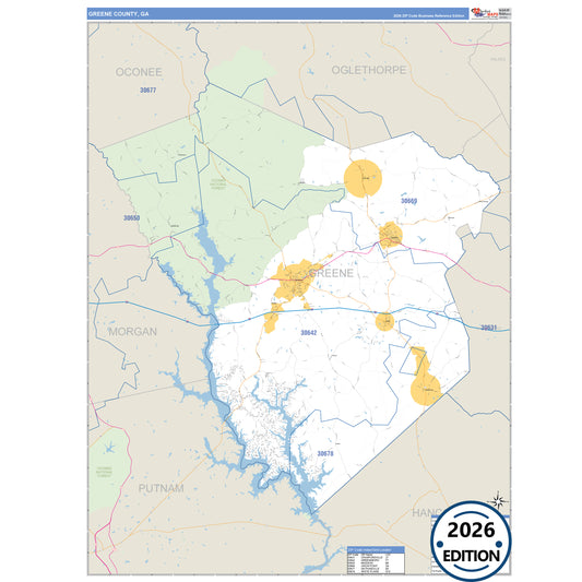 Greene County, GA Business Reference 5 Digit ZIP Code Wall Map