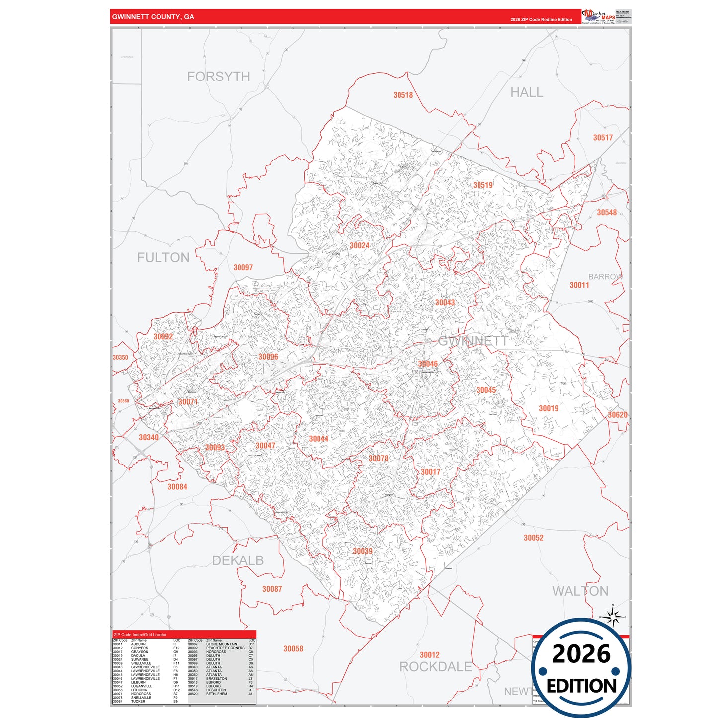 Gwinnett County, GA Red Line 5 Digit ZIP Code Wall Map