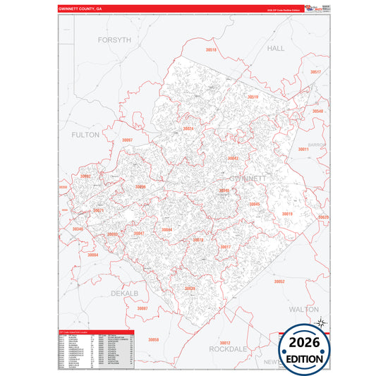 Gwinnett County, GA Red Line 5 Digit ZIP Code Wall Map