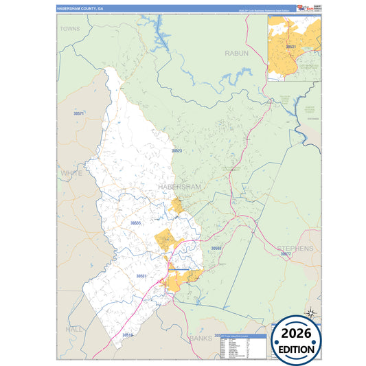 Habersham County, GA Business Reference 5 Digit ZIP Code Wall Map