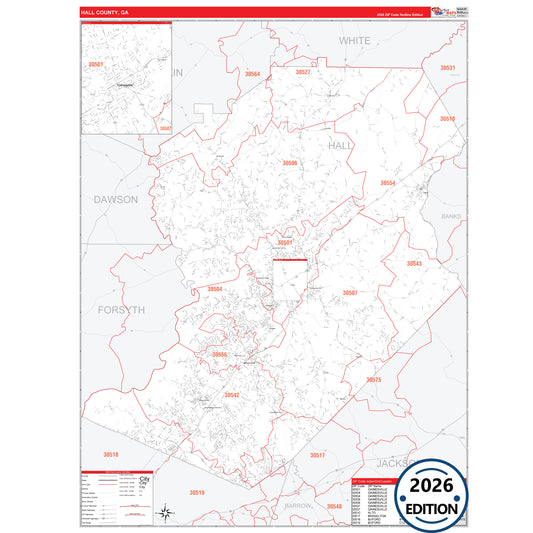Hall County, GA Red Line 5 Digit ZIP Code Wall Map