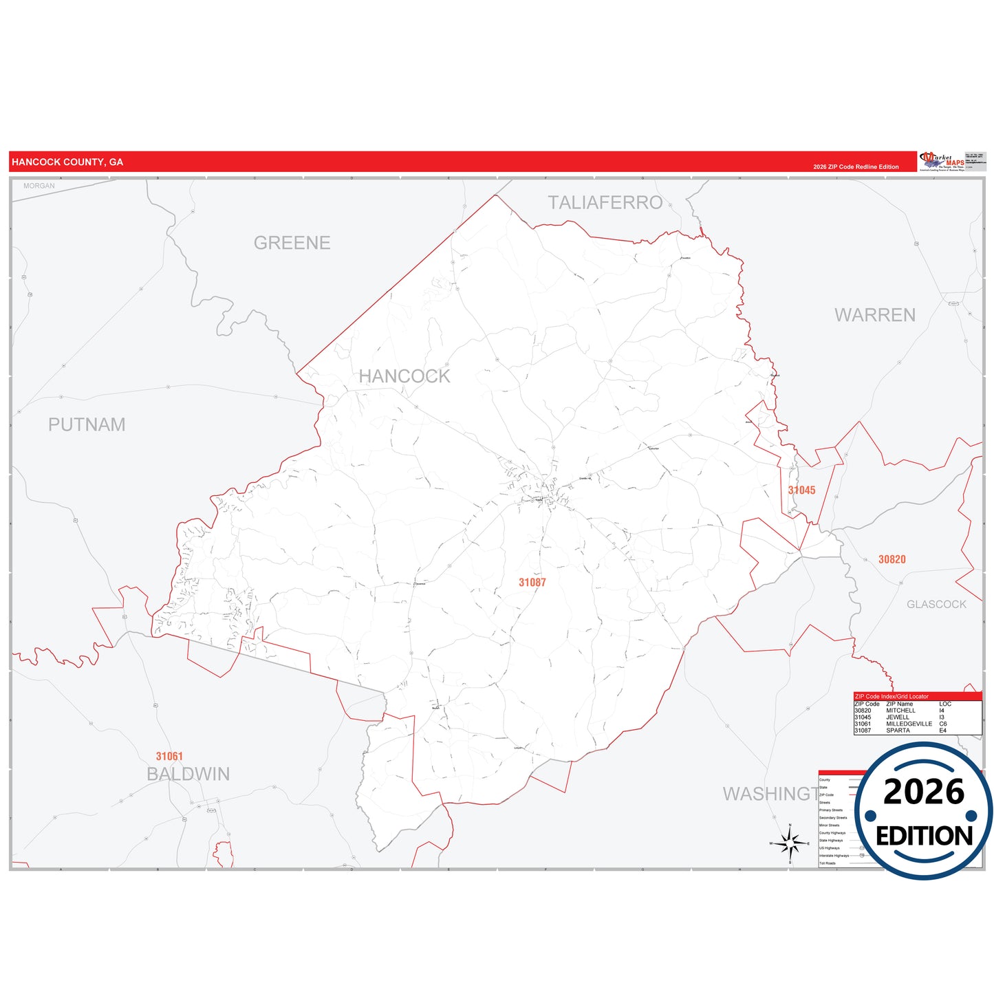 Hancock County, GA Red Line 5 Digit ZIP Code Wall Map