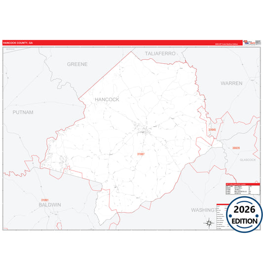Hancock County, GA Red Line 5 Digit ZIP Code Wall Map