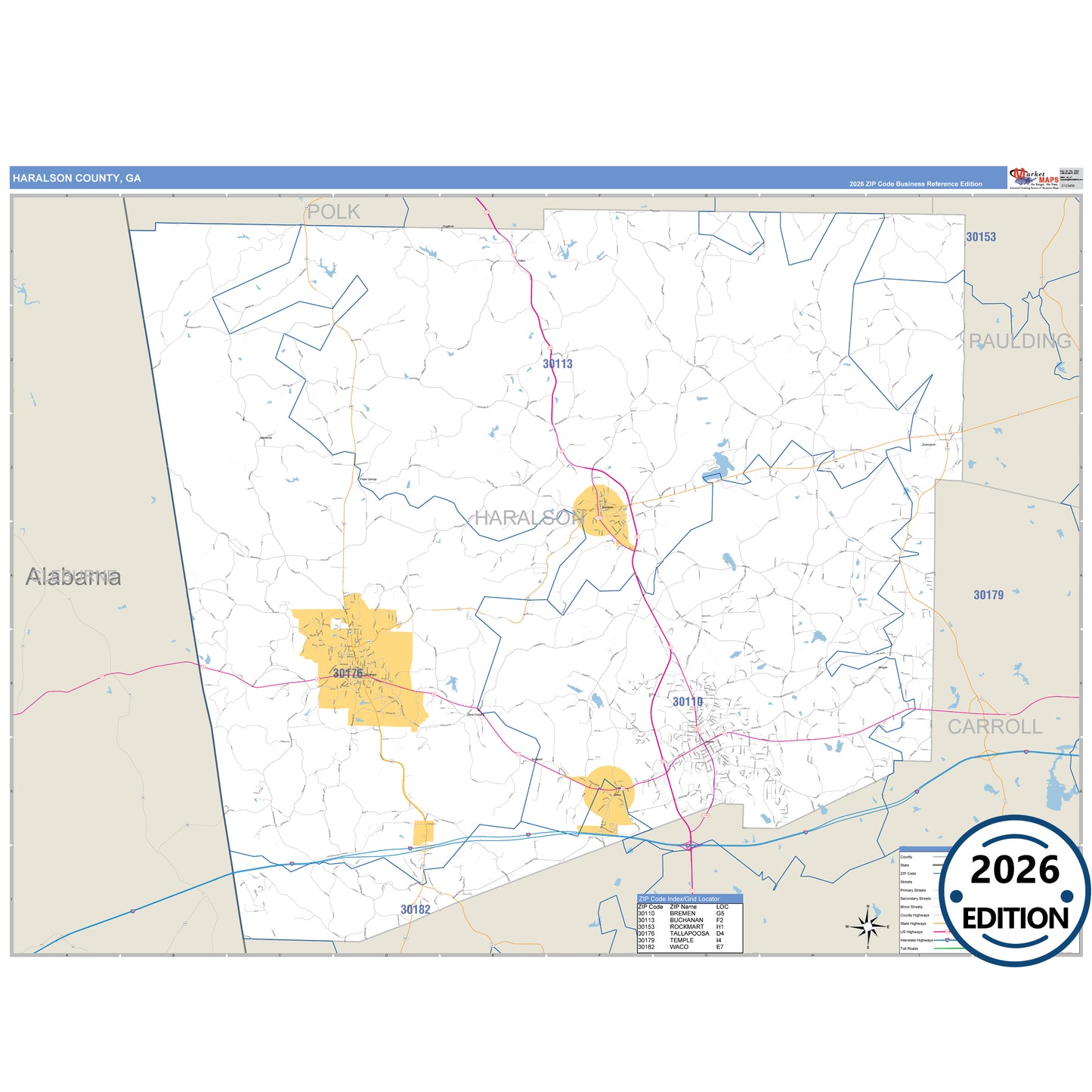 Haralson County, GA Business Reference 5 Digit ZIP Code Wall Map