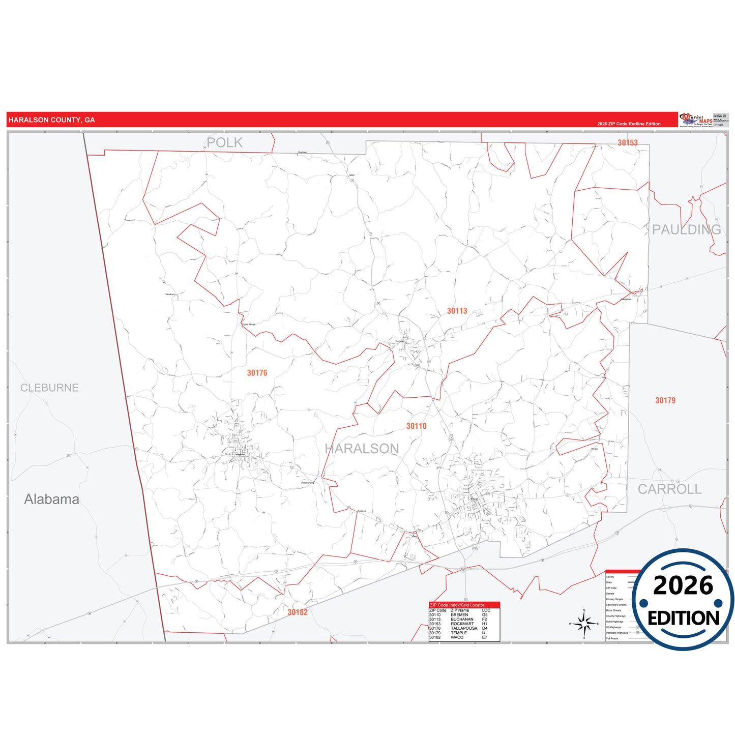 Haralson County, GA Red Line 5 Digit ZIP Code Wall Map