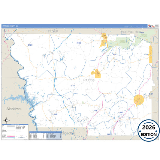 Harris County, GA Business Reference 5 Digit ZIP Code Wall Map