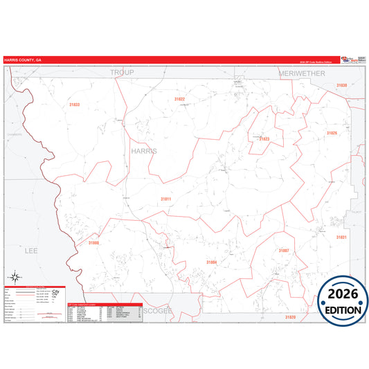 Harris County, GA Red Line 5 Digit ZIP Code Wall Map