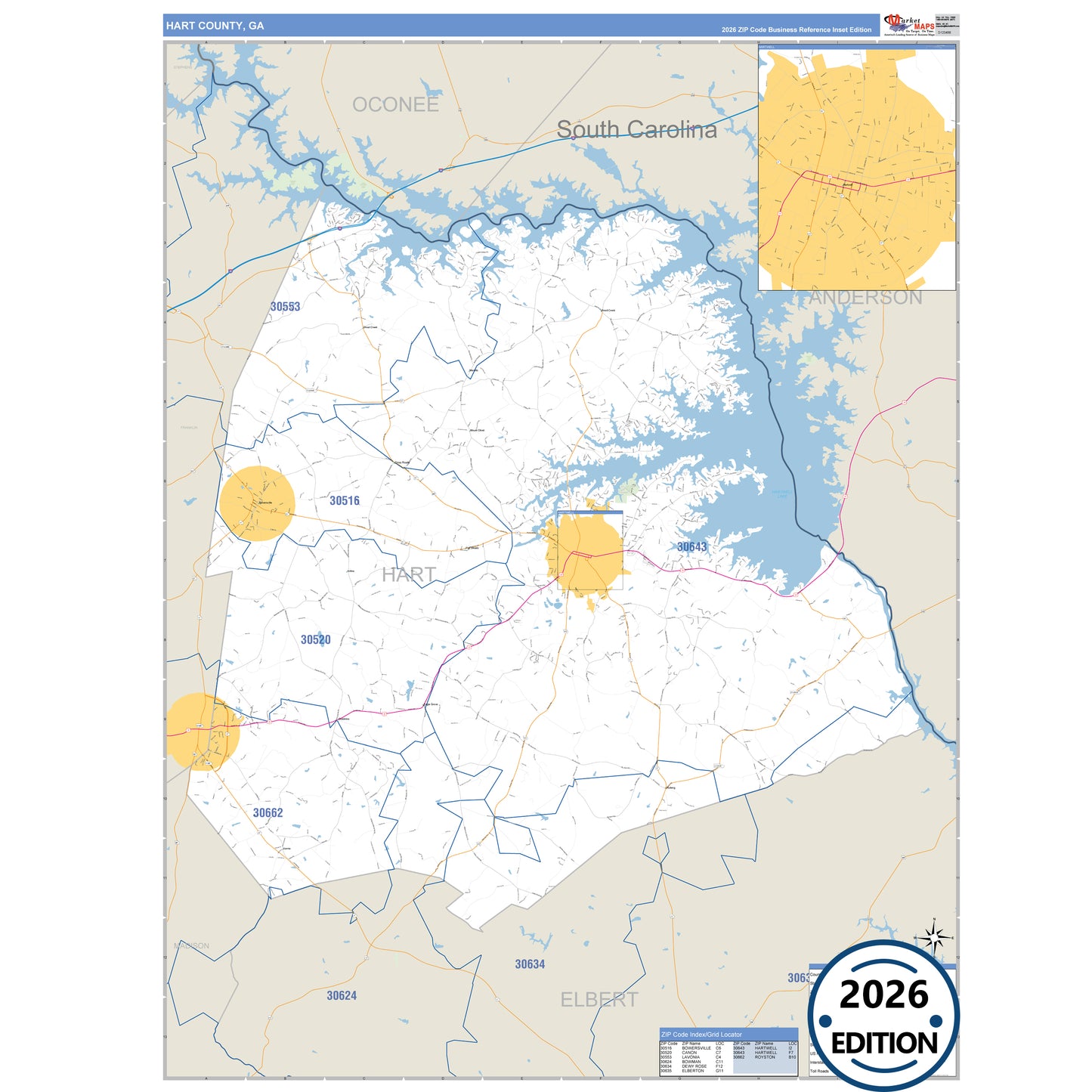 Hart County, GA Business Reference 5 Digit ZIP Code Wall Map