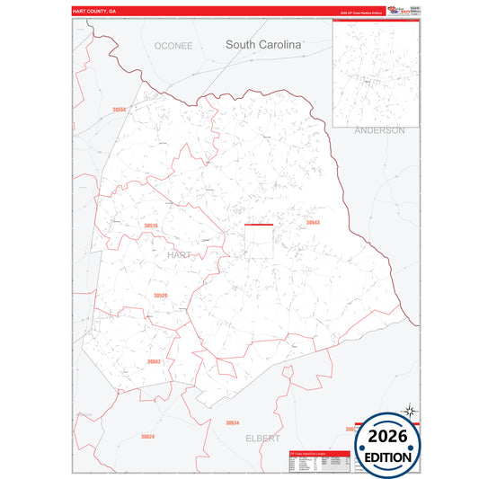 Hart County, GA Red Line 5 Digit ZIP Code Wall Map