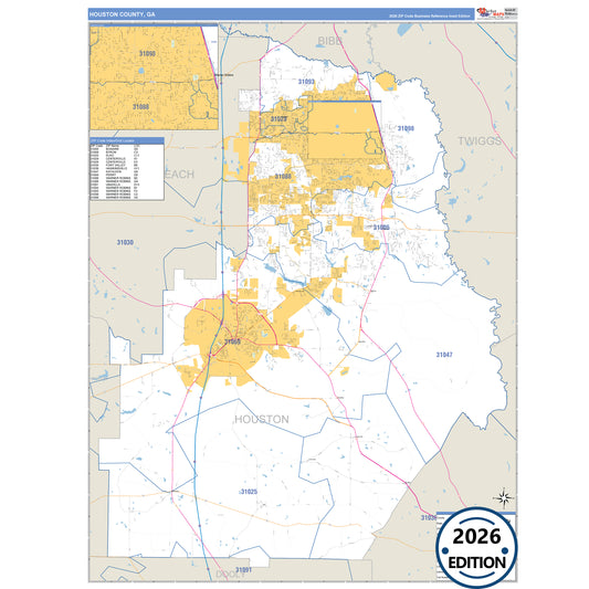 Houston County, GA Business Reference 5 Digit ZIP Code Wall Map