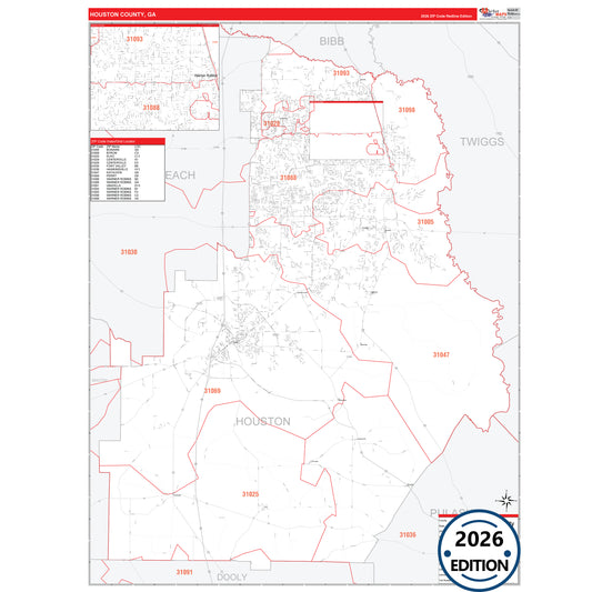 Houston County, GA Red Line 5 Digit ZIP Code Wall Map