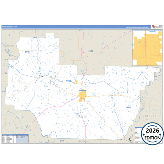 Irwin County, GA Business Reference 5 Digit ZIP Code Wall Map