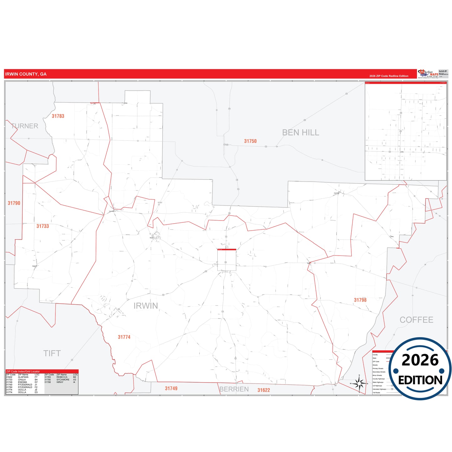 Irwin County, GA Red Line 5 Digit ZIP Code Wall Map