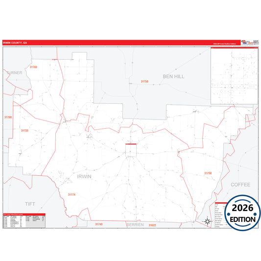 Irwin County, GA Red Line 5 Digit ZIP Code Wall Map